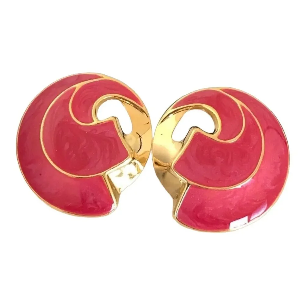 Vintage 1980s Pink Enamel Swirl Earrings Gold Tone Pierced NOS - 7L